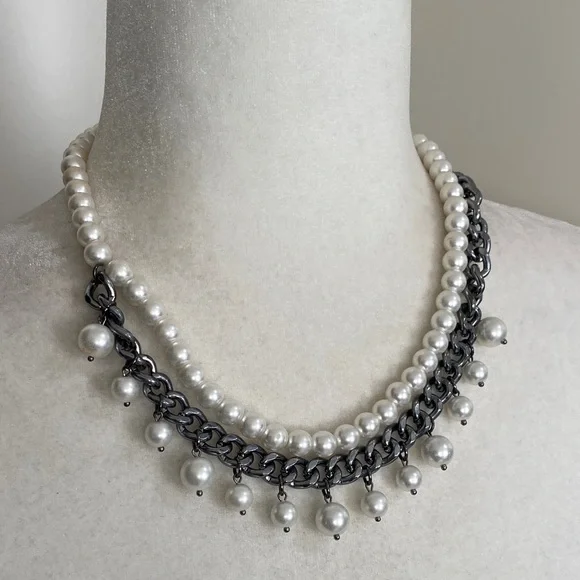 Edgy Pearl and Gunmetal Chain Fringe Sophisticated Bohemian Necklace